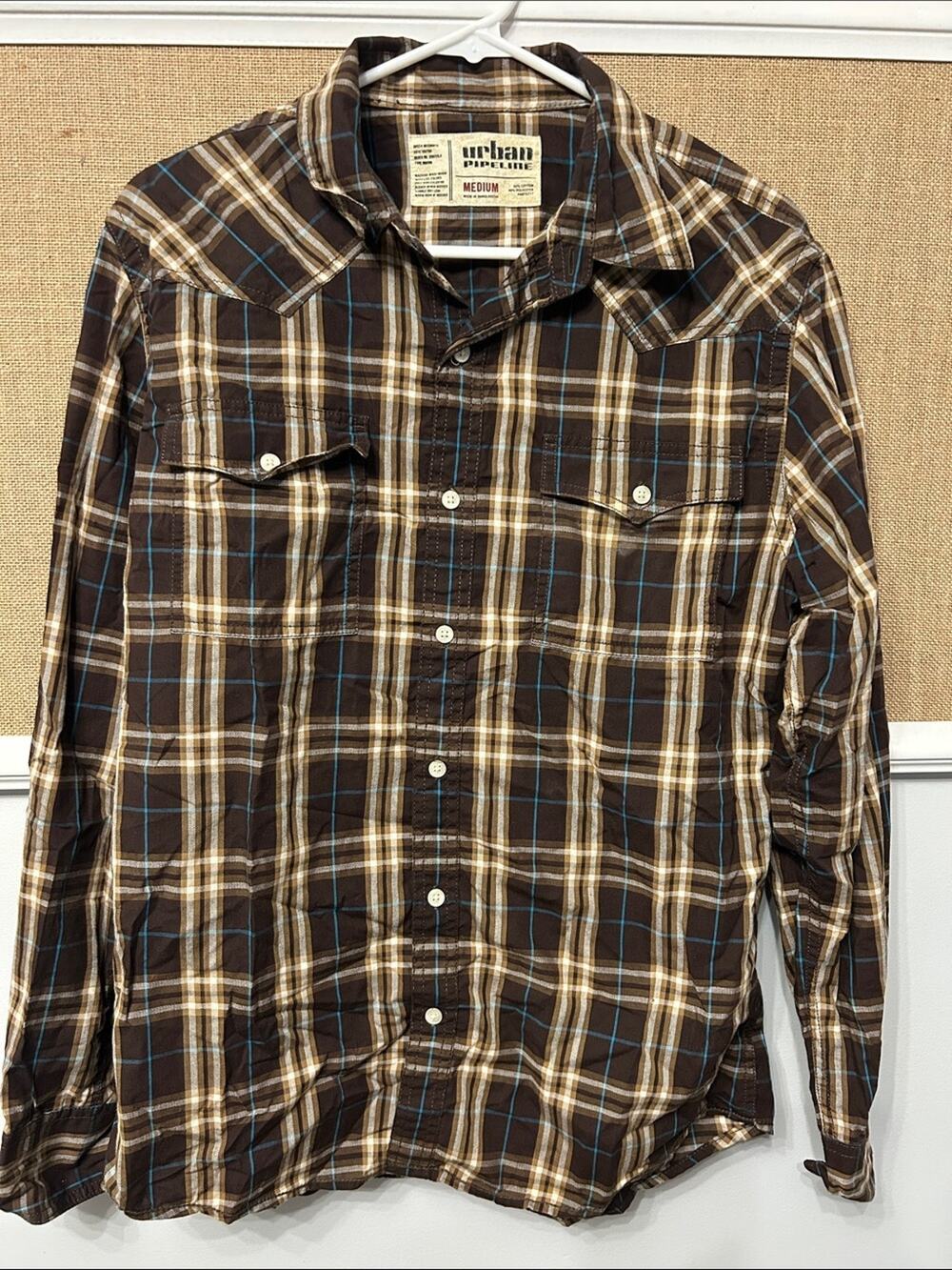 urban pipeline Brown Plaid Button-Down Shirt with Blue Accents
